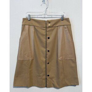 Ellie Makir Skirt Womens XL Tan Full Zip Midi Faux Leather Gold Buttons Preppy